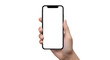 © Mudassar - Hand holding modern frameless smartphone with white blank screen isolated on white background
