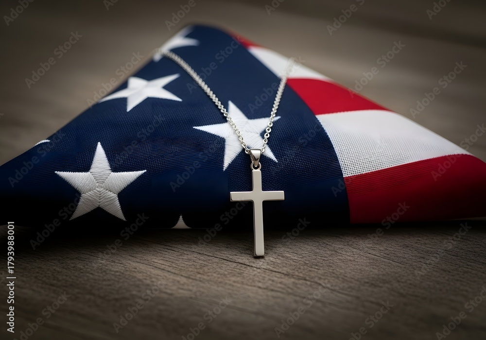 Memorial day tribute with folded american flag and cross necklace ...