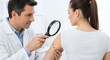 © AlfaSmart - Dermatology exam with doctor checking skin of patient for health and wellness assessment