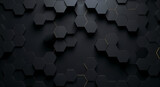 Dark background of many black hexagons with thin golden lines between the shapes silhouette