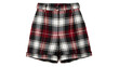 © ikhsan - High waisted plaid shorts featuring a classic tartan pattern in deep red black and white hues isolated on a dark background