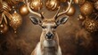 © Fatima - Close up of a deer with antlers surrounded by golden christmas ornaments and a brown background