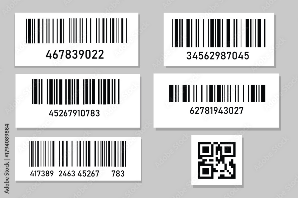 Damaged barcodes, crumpled QR code labels, product ID stickers with ...