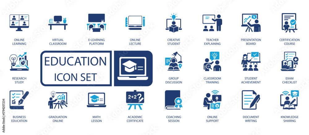 E-Learning and Education Icon Set: Online Classes, Virtual Classroom ...