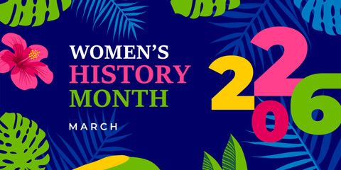  Women's History Month 2026. Text on the black background with numbers. Banner, poster, illustration Women s History Month for social media
