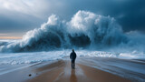 Dramatic giant ocean wave approaching a lone man standing on the beach, powerful sea storm landscape symbolizing challenge, courage, and nature’s force