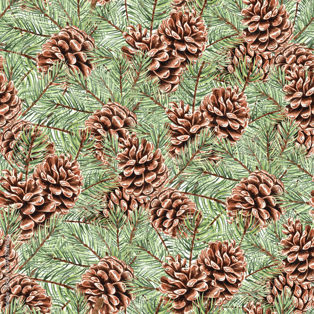 Watercolor pine branches with cones, seamless pattern for Christmas ...