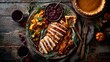 © Sowrav  - A beautifully arranged thanksgiving feast featuring sliced turkey breast cranberry sauce roasted vegetables and a pumpkin pie perfect for holiday celebrations