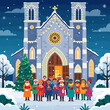 © Mas - A festive Christmas scene depicts a diverse choir singing carols in front of a snow-covered church adorned with lights, creating a warm and inviting atmosphere.