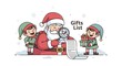 © Airwj - Cartoon Santa Claus with two happy elves reviewing a long Christmas wish list with a magnifying glass.
