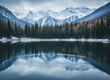 © Anim - calm mountain lake with snowy peaks and forest reflection