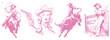© Oly - Pink cowgirl illustration set with rodeo girl on bull, pistol woman portrait, rope lasso rider, and relaxed western girl at ranch. Feminine vintage sketch vector in playful retro American style.