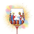 © Dhea Avila - Illustration of Jesus and Mary at the Wedding at Cana miracle inside a wine glass, surrounded by people, water jugs, and colorful splashes.