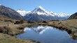 © ArtPixel-Portfolio - Mount Cook Aoraki, the highest peak in New Zealand, reflecting on a calm alpine tarn on a clear day with blue sky
