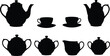 © Shuvo creative - Elegant tea set silhouettes with teapots, teacups, sugar bowls and creamer, classic vintage kitchenware collection isolated black vector illustration