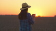 © beholdereye - A woman happily enjoys the sunset while standing in a lovely field with her smartphone