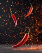 © Normal Desing - Dynamic chili peppers spinning with fire sparks in a vibrant kitchen setting for engaging spicy advertising