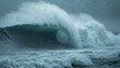 © Maryna - Giant aqua wave crashes powerfully in open ocean, creating white foam. Dark stormy sky suggests rough weather, strong sea action now. Nature immense raw power, dynamic movement, marine force evident