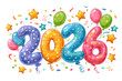 © sahida - Cartoon style 2026 balloon text with bright festive background, isolated on transparent background.