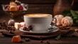 © dewa - Coffee art latte, chocolate, turkish delights, cinnamon, and a brown napkin on dark, rustic wooden surface