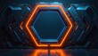 © Maryna - Futuristic hexagonal frame with orange and blue neon lights. Dark metallic panels and glowing accents suggest advanced tech interface or portal. Blank screen space for content.