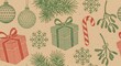© Israfil - Seamless pattern with vintage christmas ornaments, snowflakes, pine branches, gift boxes, and candy canes in red and green on a textured brown paper background, evoking a retro holiday feel