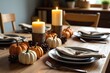 © YiuCheung - Cozy autumn table setting: candles, pinecones, pumpkins, wooden chairs. Warm lighting, rustic charm, inviting dinner scene.