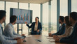© design - Businesswoman Presenting Bar Graph Data to Colleagues in Modern Boardroom