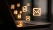 © Honey - Digital communication concept glowing email icons emerge from laptop screen creating modern connection and outreach