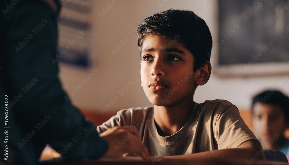 Attentive young Indian boy in a classroom, focused on learning and his ...