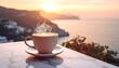 © Pupus - Steaming latte art on marble table, coastal view. Sunrise over a scenic landscape. Peaceful vibe. Warm hues dominate