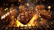 © Honey - Juicy, perfectly grilled steaks sizzle with fiery flames and sparks, creating an irresistible culinary masterpiece.