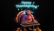 © Saratam Photoplex - Funny animated turkey with purple and orange feathers DJ-ing with headphones as neon happy thanksgiving lights pulse to music