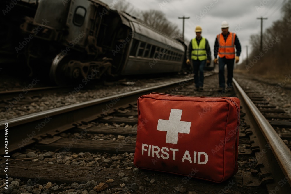 Emergency response team assessing train derailment scene with first aid ...