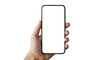 © SabsePahale - Hand Holding a Modern Smartphone: A close-up shot of a hand delicately cradling a modern smartphone with a blank, bright screen, perfectly poised for digital interaction.