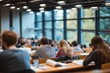 © Santi - Students studying in modern university lecture hall with large windows, natural light, and wooden desks creating focused and calm academic atmosphere