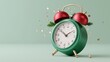 © Natalia S. - Green metallic clock with red baubles and festive details on mint background. Concept symbolizing countdown, holiday celebration, and christmas preparation time