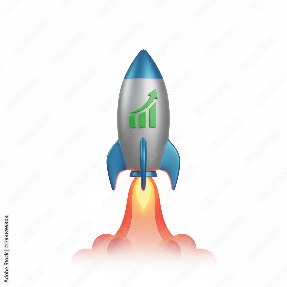 3d rocket launch symbol for financial growth with upward chart icon and ...
