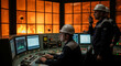 © abu - Inside an industrial control room, operators in helmets oversee systems, illuminated by orange-lit windows. Their presence enhances safety and ensures proper monitoring.