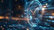 © Yuliia - Digital clock hologram showing time against futuristic data stream background with glowing blue technology elements and bokeh light effects.