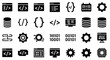 © Muhammadagil - Collection of black and white icons representing coding, programming, and software development symbols.