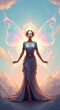 © Helni - A radiant woman with glowing eyes and iridescent butterfly wings stands on clouds under a pastel sky with a halo