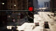 © icetray - A vibrant city intersection shows a bright red traffic light as vehicles navigate the road. The scene captures the rush of urban life and the importance of traffic signals.