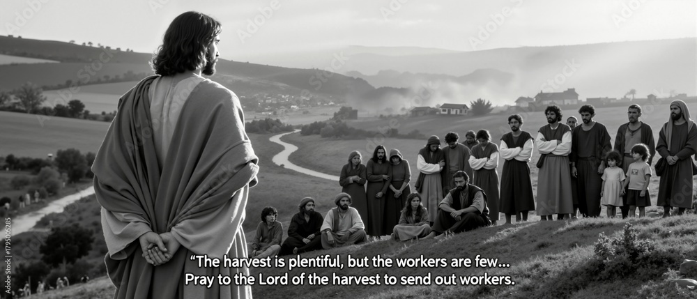 Jesus Christ teaching his disciples on a hillside. Biblical scene from ...