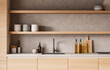 © ImageFlow - Contemporary kitchen interior with light wood cabinetry, ceramic decor, and utensils on concrete textured background. Modern design concept. 3D Rendering