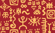 © A_Y_N - Seamless vector pattern with yellow on red bg simple human figure, face, eye and arrow motifs of african and mexican aztec art. Ethnic tribal texture for decorative background and textile design.