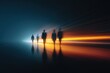 © AspctStyle - Silhouettes of business people walking through illuminated corridor with glowing blue and orange light trails, representing teamwork, innovation, and the fast-moving pace of modern corporate life