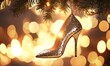 © VictoriaEmerson - Golden glitter high heel shoe hanging from a christmas tree branch, sparkling against warm bokeh lights, celebrating holiday glamour