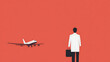 © photo for everything - Business travel imagery. A businessman in a white suit stands ready with his briefcase as a plane prepares for takeoff against an orange backdrop, symbolizing corporate journeys.