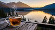 © Achmad - Steaming cup of tea sits on wooden table overlooking serene lake and mountains at sunrise, creating a peaceful and calming atmosphere.